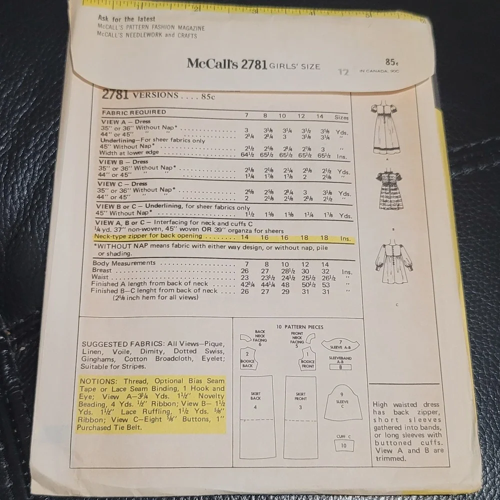 Vintage 1970s McCall's 2781 Girls High Waist Dress Sewing Pattern Size 12 Cut